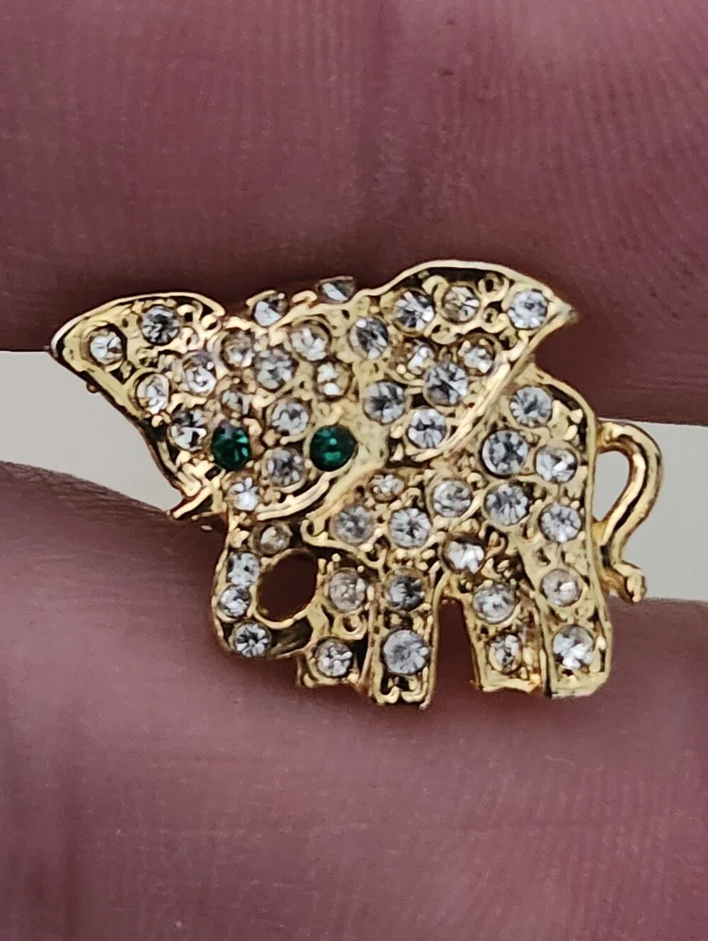 Super Cute Gold Tone Crystal Baby Elephant Lapel Pin - Green Eye Accent